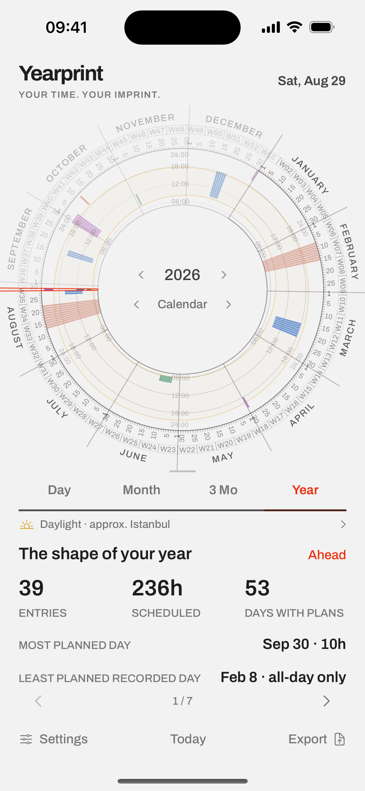 Yearprint 0.8 app view: Calendar